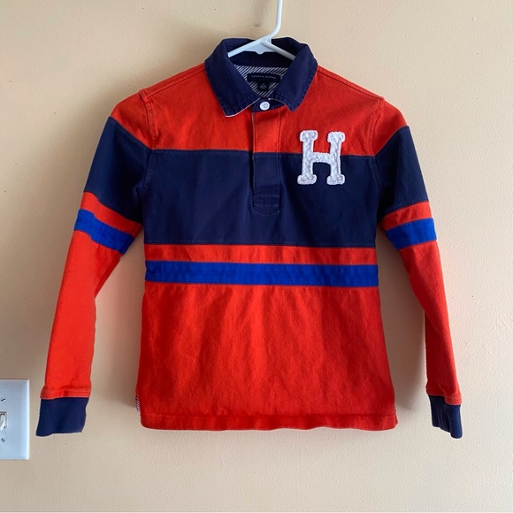 Tommy Hilfiger Long Sleeve Polo Shirt Boys Medium Red Blue Logo Preppy Retro - Picture 2 of 12
